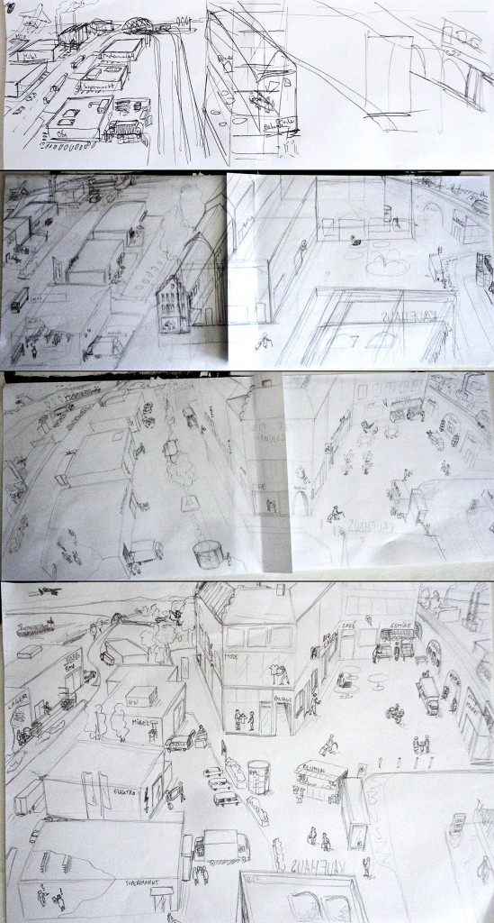 HDE, Handel, Blumberry, Wimmelbild, Tusche, Illustration