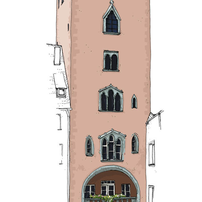 Regensburg Merian Zeitschrift Reise Illustration Zeichnung Baumburger Turm