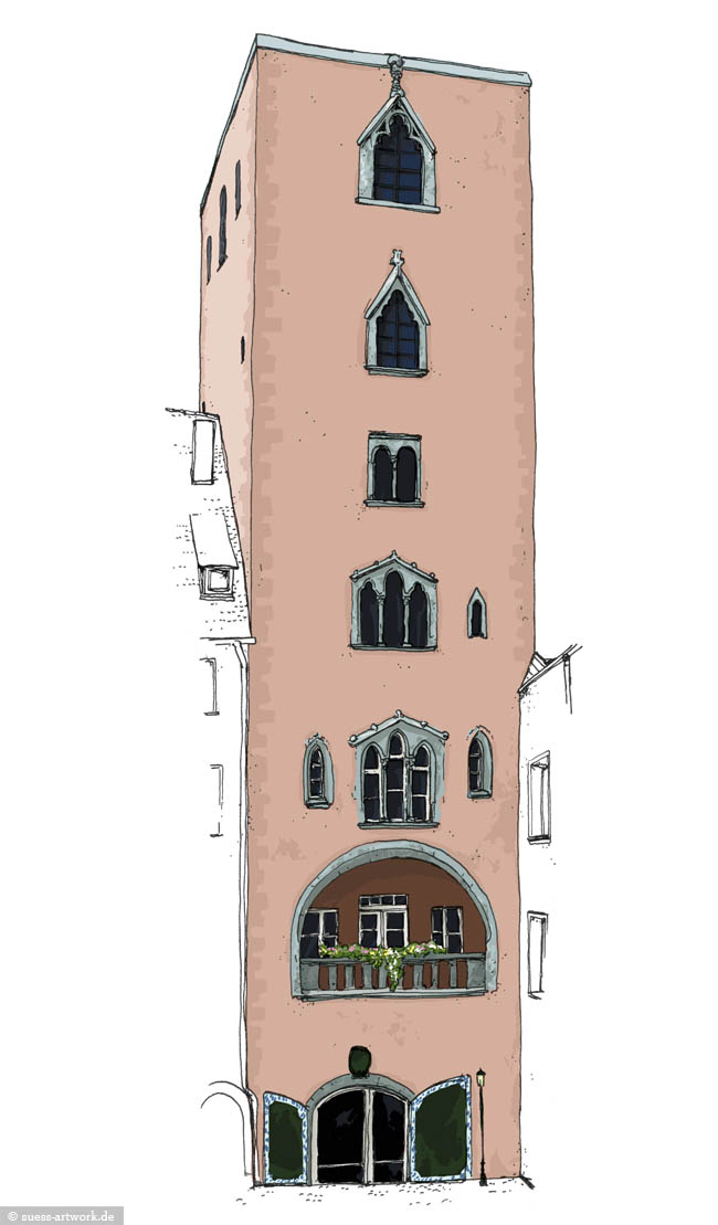 Regensburg Merian Zeitschrift Reise Illustration Zeichnung Baumburger Turm