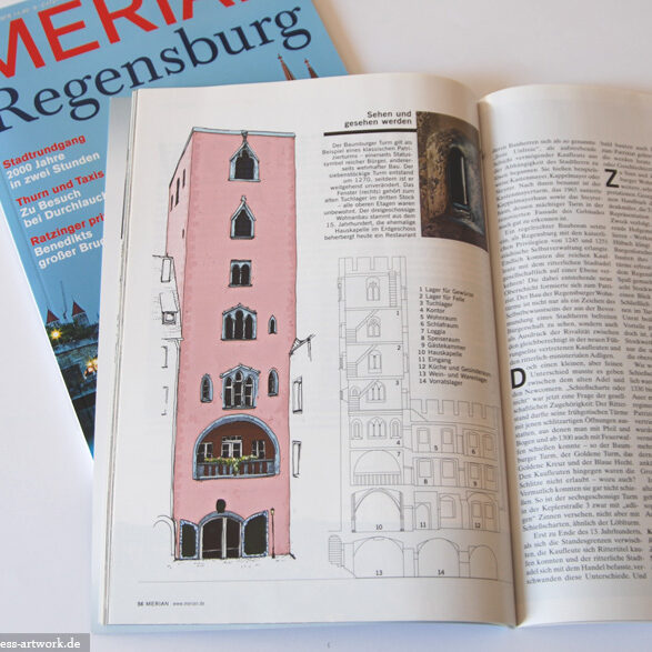 Regensburg Merian Zeitschrift Reise Illustration Zeichnung Baumburger Turm
