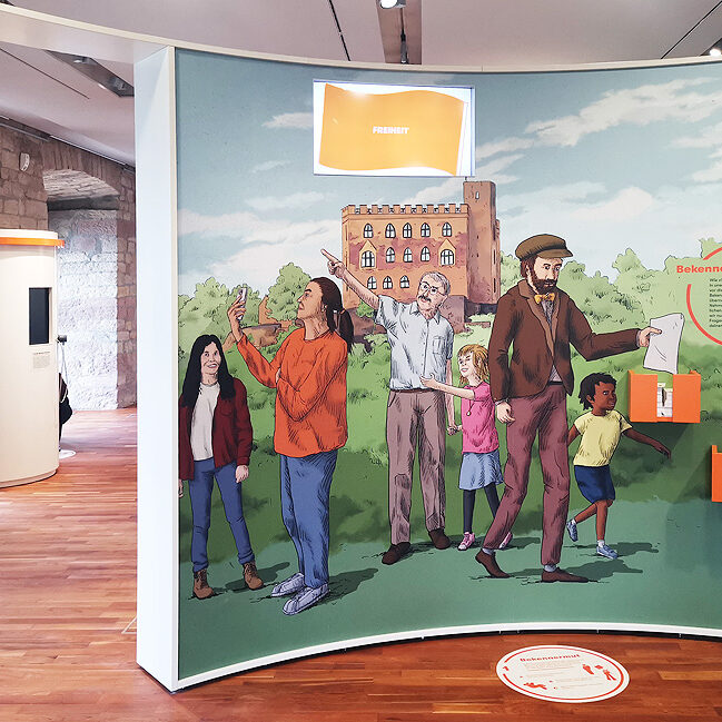 hambacher schloss, hambach, neustadt weinstraße, rheinland pfalz, schloss, museum, ausstellung, demokratie, farbe bekennen, hambacher fest, ausstellungsdesign, design, gestaltung, illustration, museumsgestaltung, ausstellungsgestaltung, ingmar süß, suess.artwork, ausstellungsillustration, wandgestaltung, malu dreyer, kurt beck, wolfgang niedecken, abdel karim, claudia deeg, swr, swf, hinauf, gezeichnet, art, kunst