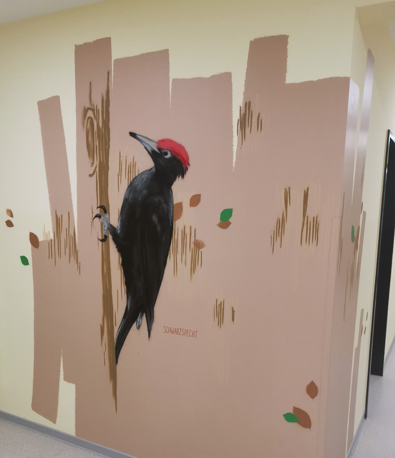 Wandgestaltung, Mosewaldschule, Eisenach, Bildung, Illustration, Natur, Baum, Wald, Eiche, Buche, Ulme, Mensa, Kinder, Grundschule, Bildung, Bilder, Graffiti, Fassade, Mural Art