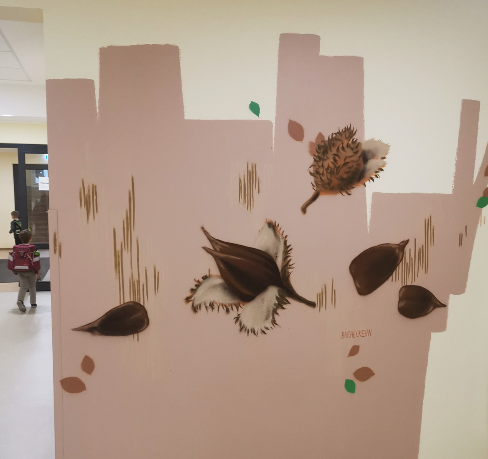 Wandgestaltung, Mosewaldschule, Eisenach, Bildung, Illustration, Natur, Baum, Wald, Eiche, Buche, Ulme, Mensa, Kinder, Grundschule, Bildung, Bilder, Graffiti, Fassade, Mural Art