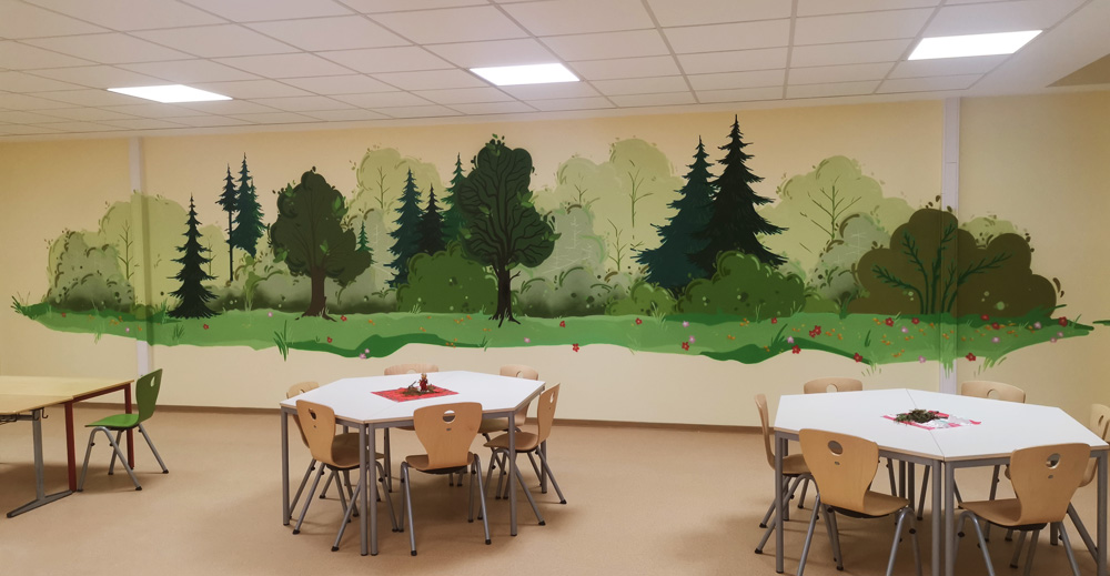 Wandgestaltung, Mosewaldschule, Eisenach, Bildung, Illustration, Natur, Baum, Wald, Eiche, Buche, Ulme, Mensa, Kinder, Grundschule, Bildung, Bilder, Graffiti, Fassade, Mural Art