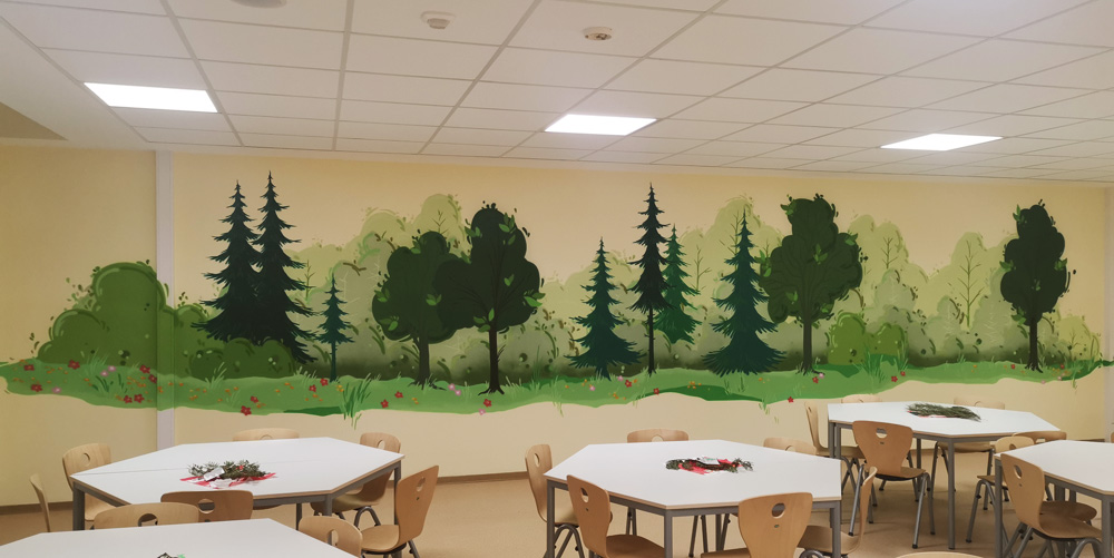 Wandgestaltung, Mosewaldschule, Eisenach, Bildung, Illustration, Natur, Baum, Wald, Eiche, Buche, Ulme, Mensa, Kinder, Grundschule, Bildung, Bilder, Graffiti, Fassade, Mural Art